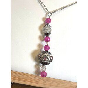 Handmade Silver Chain Necklace With Pink & Clear Bead Pendant